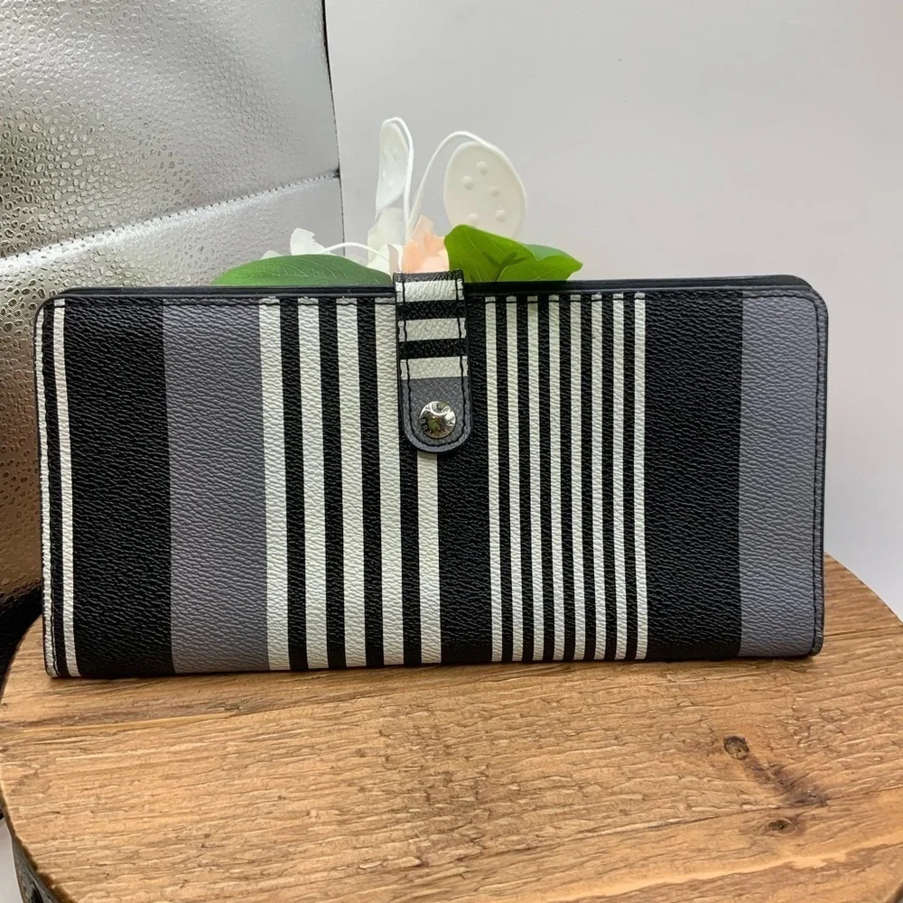 Vera Bradley Midnight Black White Gray Stripe Slim Travel Organizer Wallet